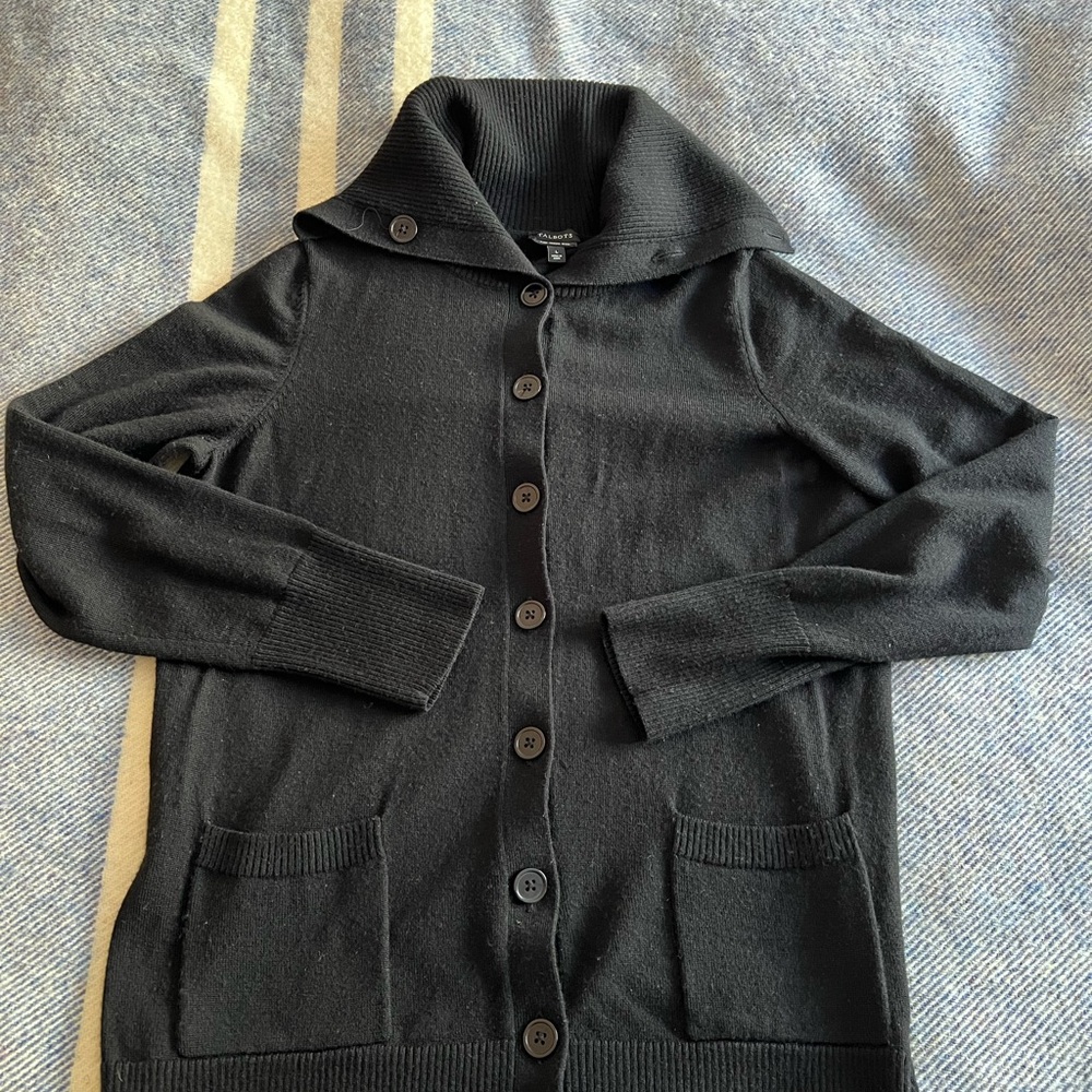Talbots 100% Merino Wool button down cardigan sweater, womens large, black